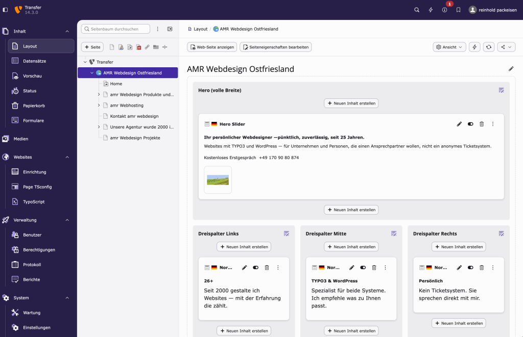 Ein wunderschön aufgeräumtes und schnell arbeitendes Backend erwartet Euch bei TYPO3 LTS14